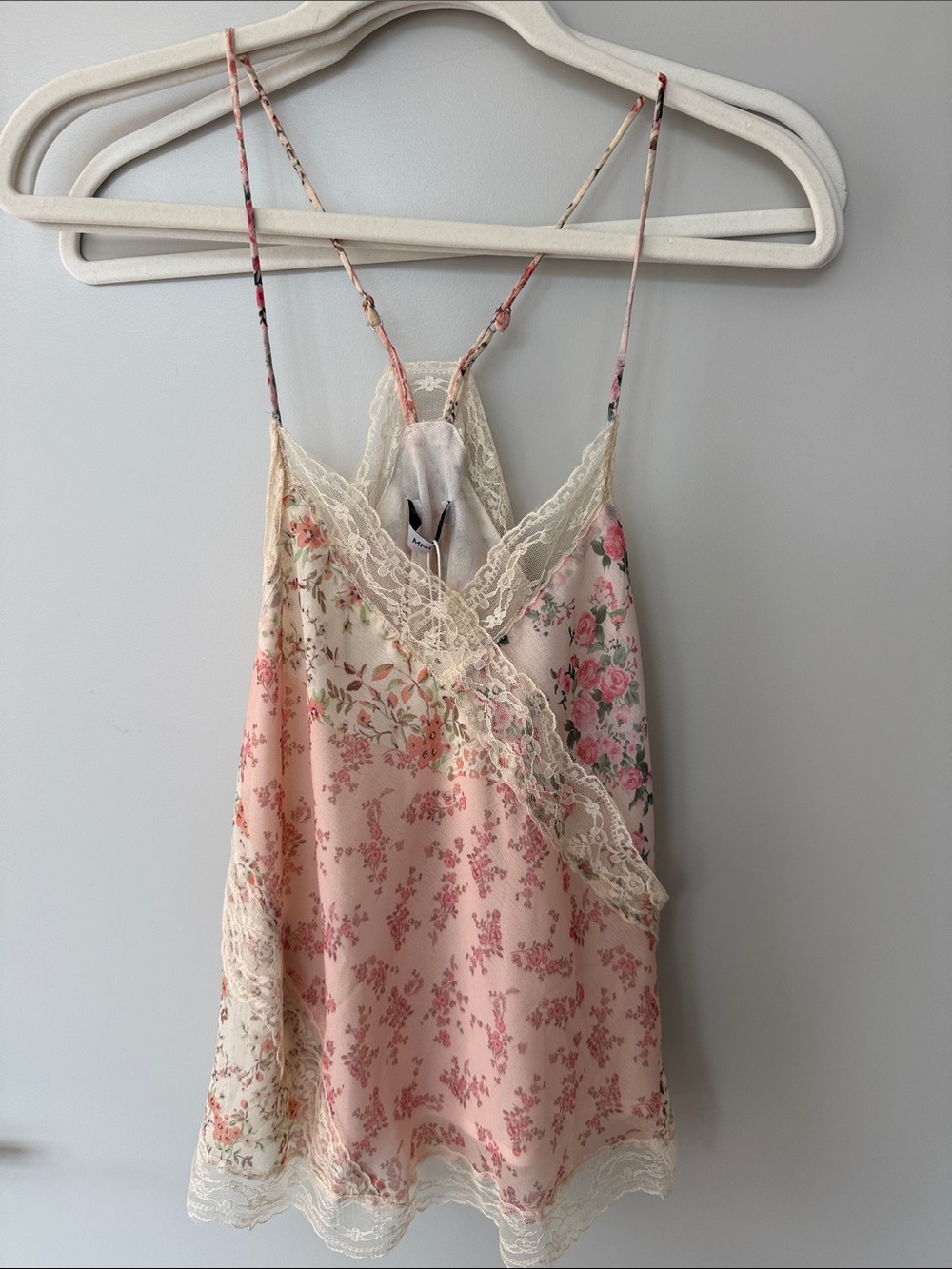 Mango Floral Lace Trim Pink Cream Satin Camisole